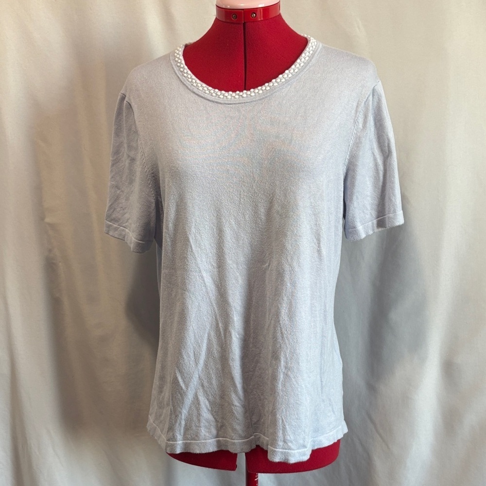 Karl Lagerfeld Pearl-Embellished Gray Short Sleeve Top LL107